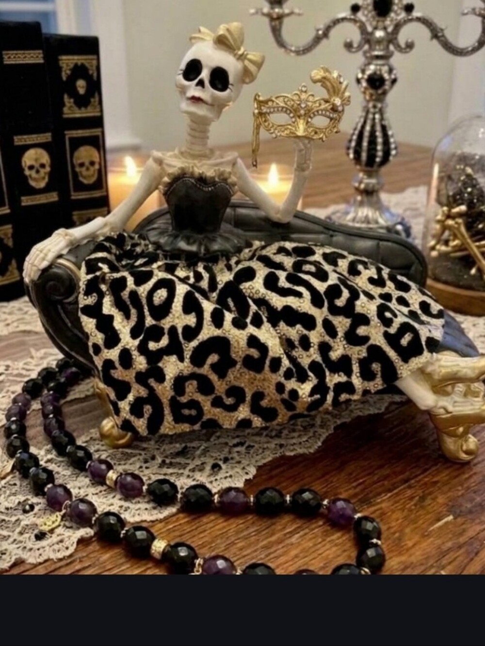 Bella Lux Halloween Skeleton Lady on Chaise Lounge Leopard Print Sequin Figurine